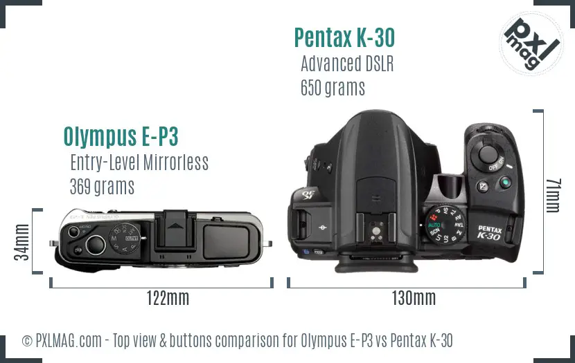 Olympus E-P3 vs Pentax K-30 top view buttons comparison