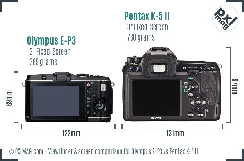 Olympus E-P3 vs Pentax K-5 II Screen and Viewfinder comparison