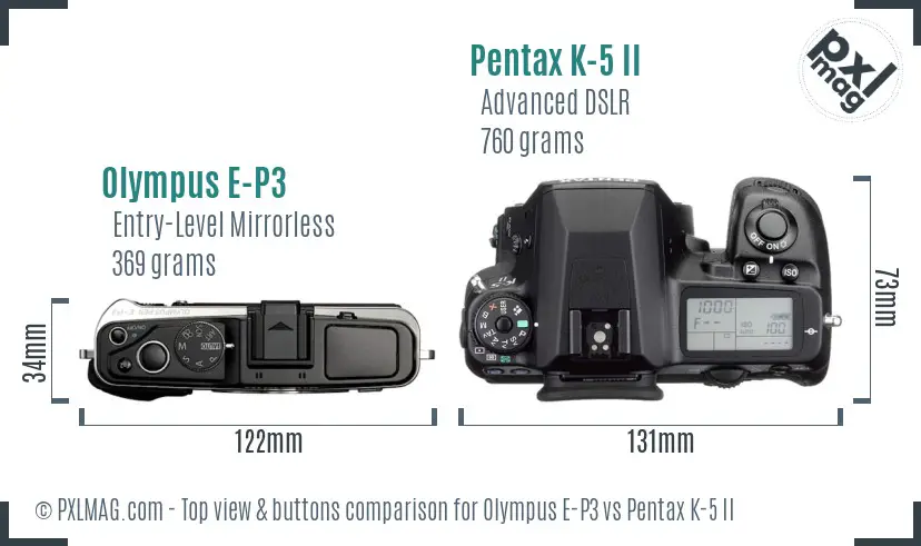Olympus E-P3 vs Pentax K-5 II top view buttons comparison