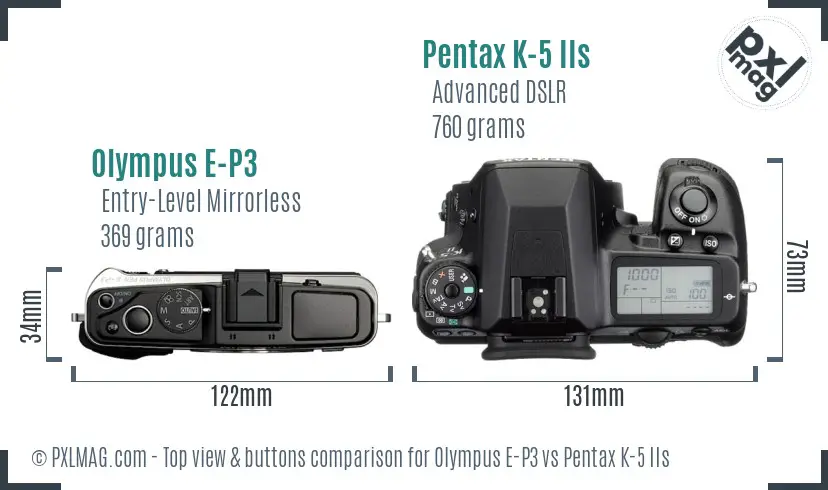 Olympus E-P3 vs Pentax K-5 IIs top view buttons comparison