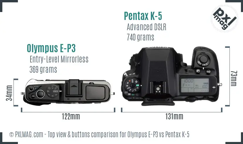Olympus E-P3 vs Pentax K-5 top view buttons comparison