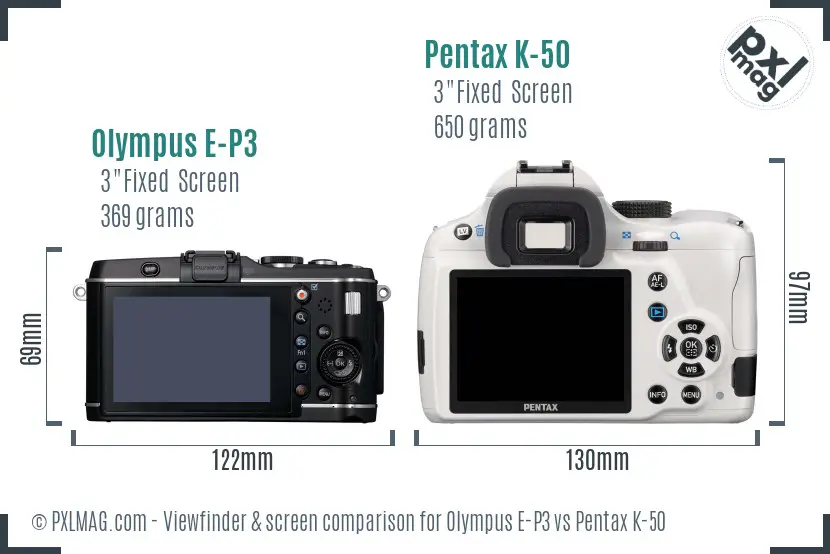 Olympus E-P3 vs Pentax K-50 Screen and Viewfinder comparison
