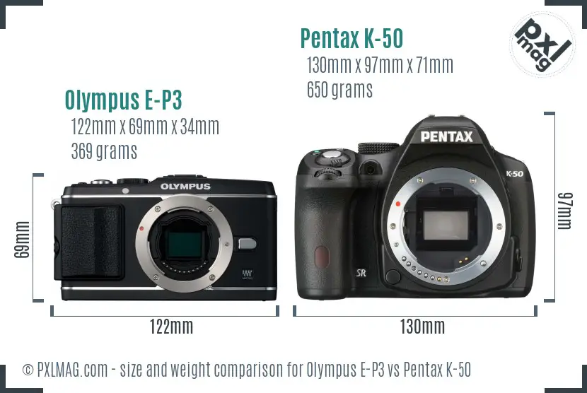 Olympus E-P3 vs Pentax K-50 size comparison