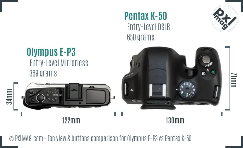 Olympus E-P3 vs Pentax K-50 top view buttons comparison