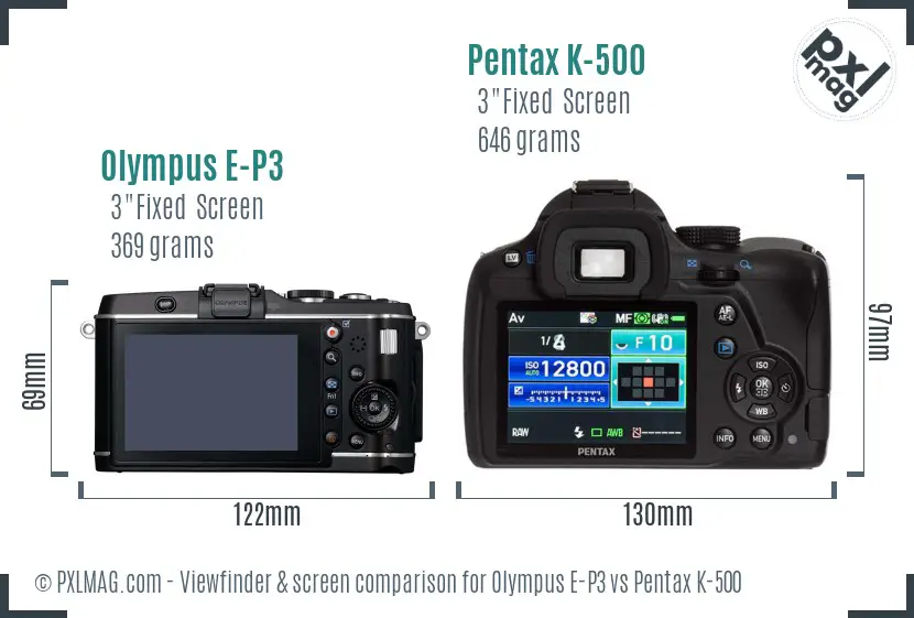 Olympus E-P3 vs Pentax K-500 Screen and Viewfinder comparison