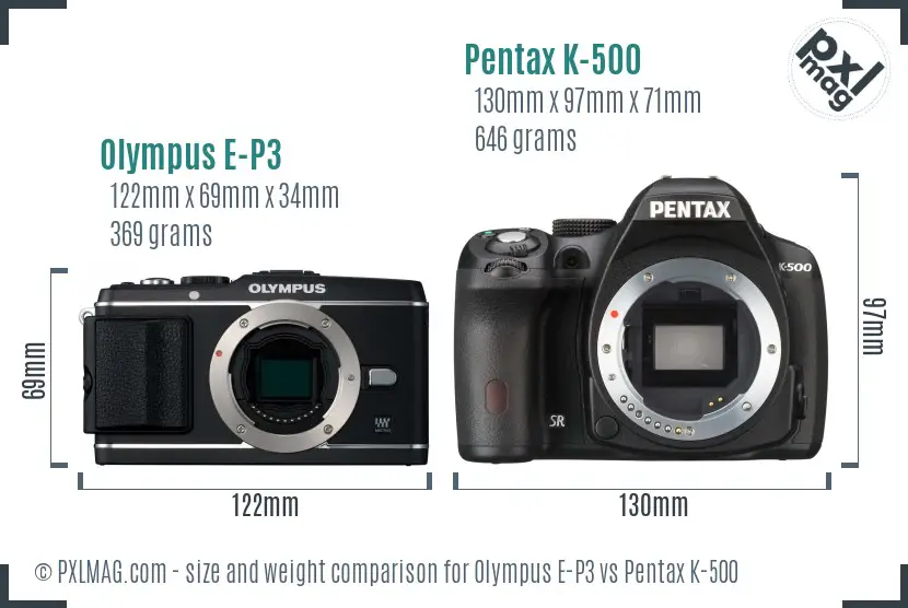 Olympus E-P3 vs Pentax K-500 size comparison