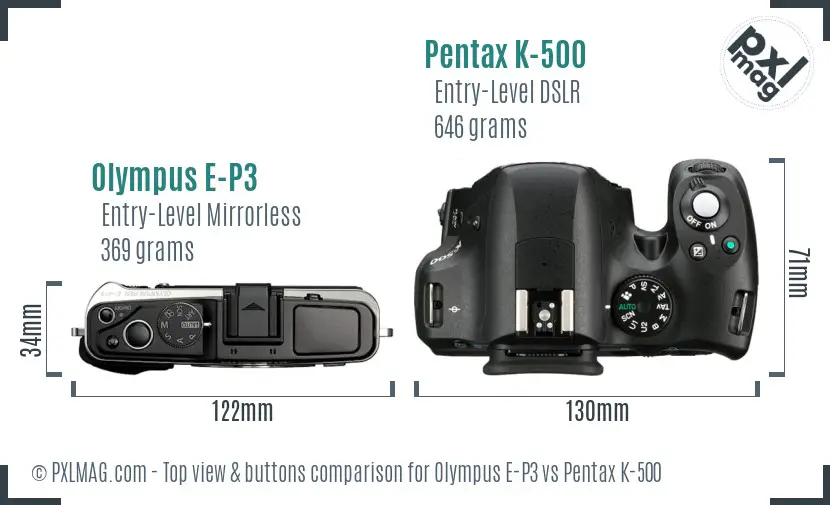 Olympus E-P3 vs Pentax K-500 top view buttons comparison
