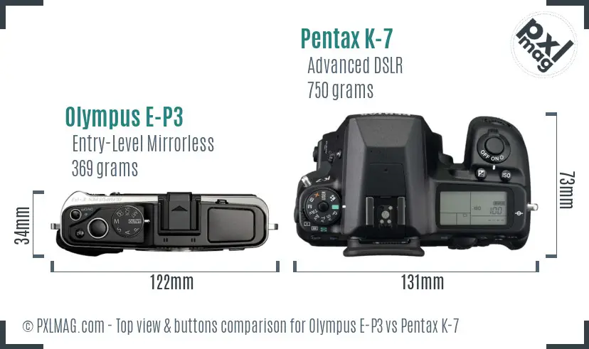 Olympus E-P3 vs Pentax K-7 top view buttons comparison