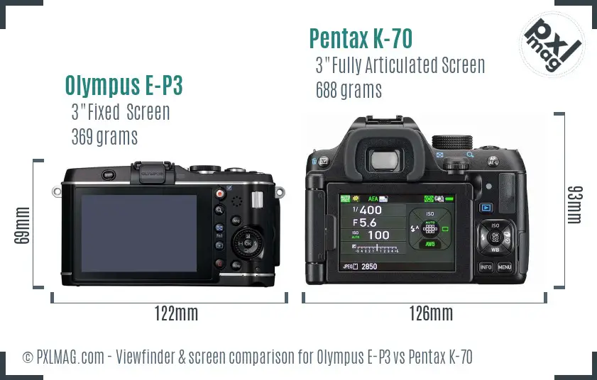 Olympus E-P3 vs Pentax K-70 Screen and Viewfinder comparison