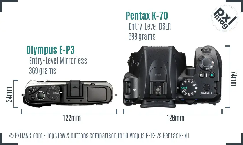 Olympus E-P3 vs Pentax K-70 top view buttons comparison