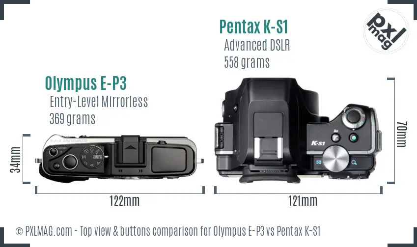 Olympus E-P3 vs Pentax K-S1 top view buttons comparison