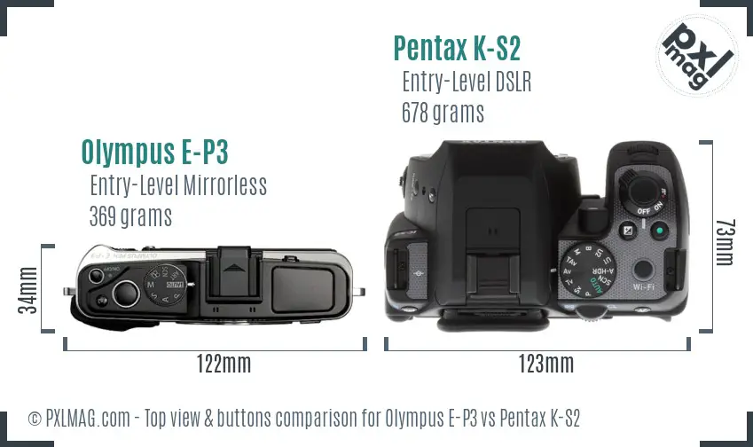 Olympus E-P3 vs Pentax K-S2 top view buttons comparison
