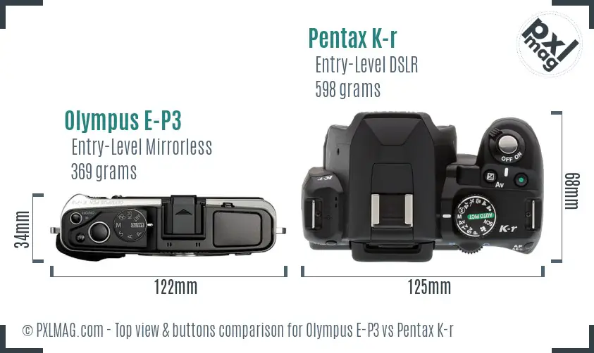 Olympus E-P3 vs Pentax K-r top view buttons comparison