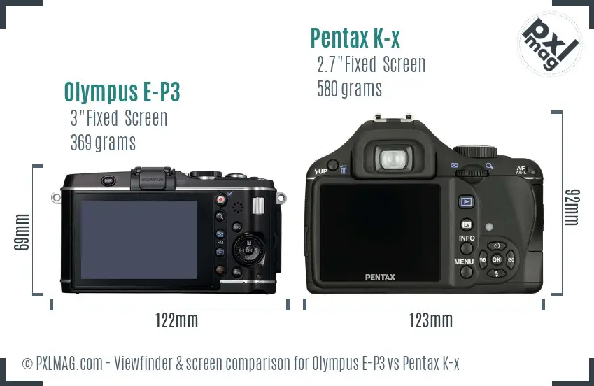 Olympus E-P3 vs Pentax K-x Screen and Viewfinder comparison