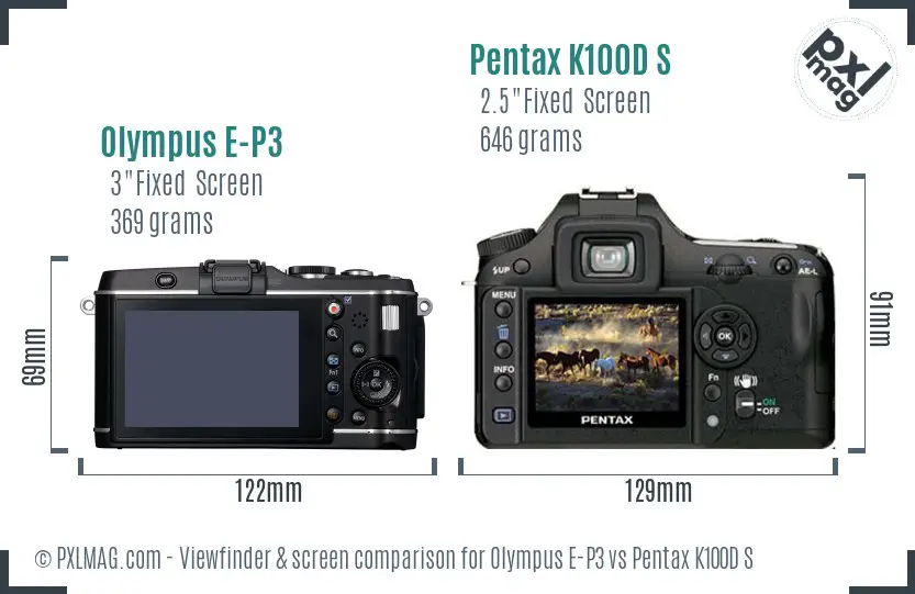 Olympus E-P3 vs Pentax K100D S Screen and Viewfinder comparison