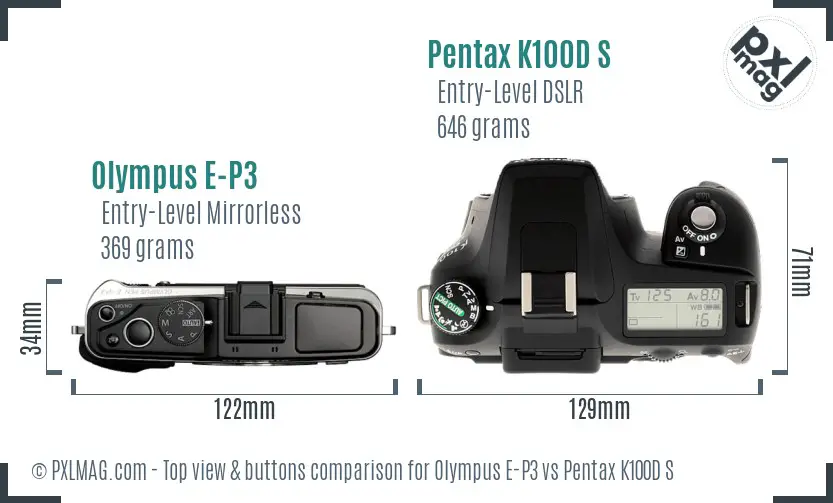 Olympus E-P3 vs Pentax K100D S top view buttons comparison