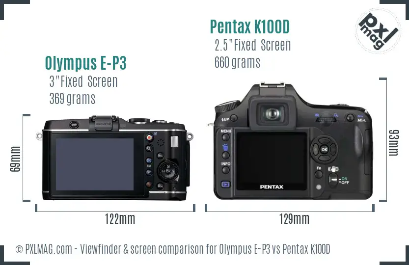Olympus E-P3 vs Pentax K100D Screen and Viewfinder comparison