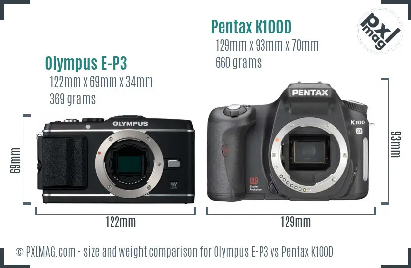 Olympus E-P3 vs Pentax K100D size comparison