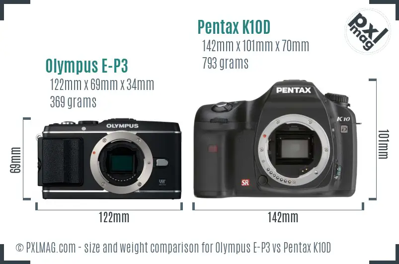 Olympus E-P3 vs Pentax K10D size comparison