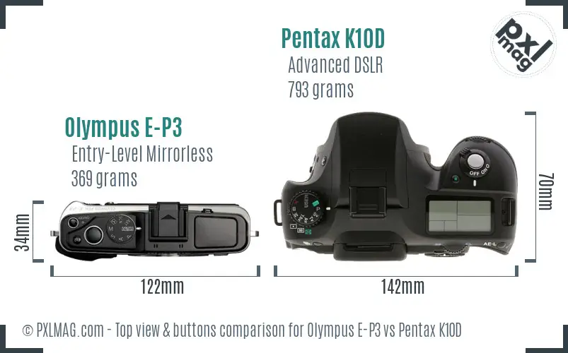 Olympus E-P3 vs Pentax K10D top view buttons comparison