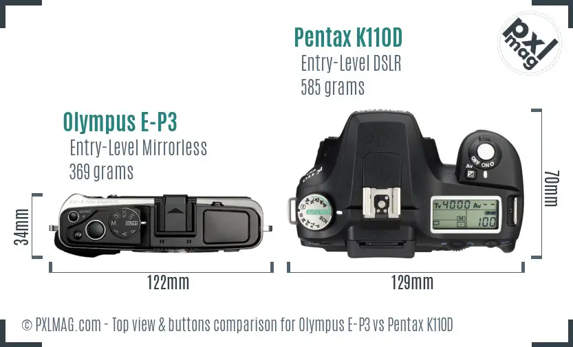Olympus E-P3 vs Pentax K110D top view buttons comparison