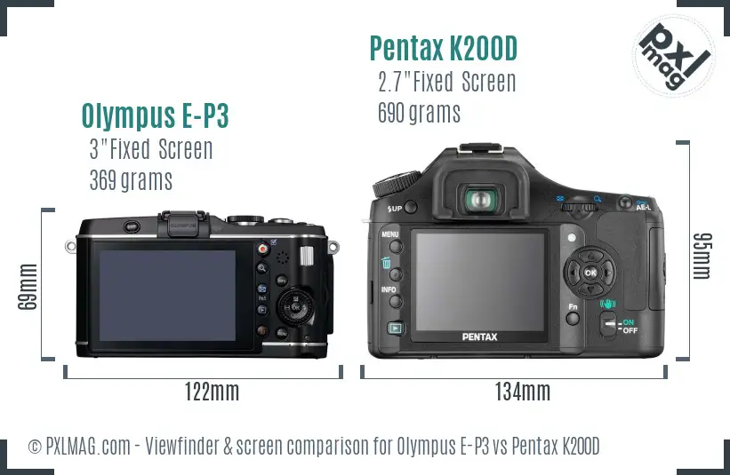 Olympus E-P3 vs Pentax K200D Screen and Viewfinder comparison