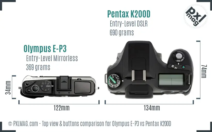 Olympus E-P3 vs Pentax K200D top view buttons comparison