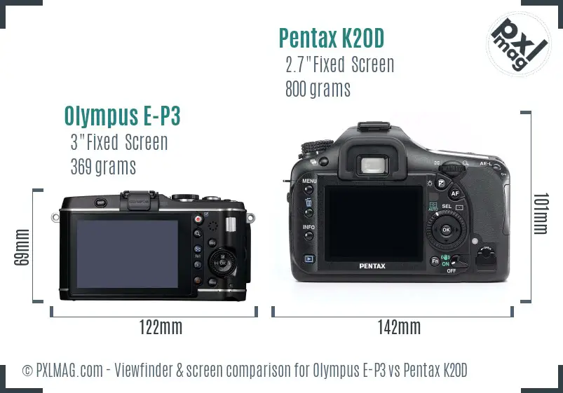 Olympus E-P3 vs Pentax K20D Screen and Viewfinder comparison