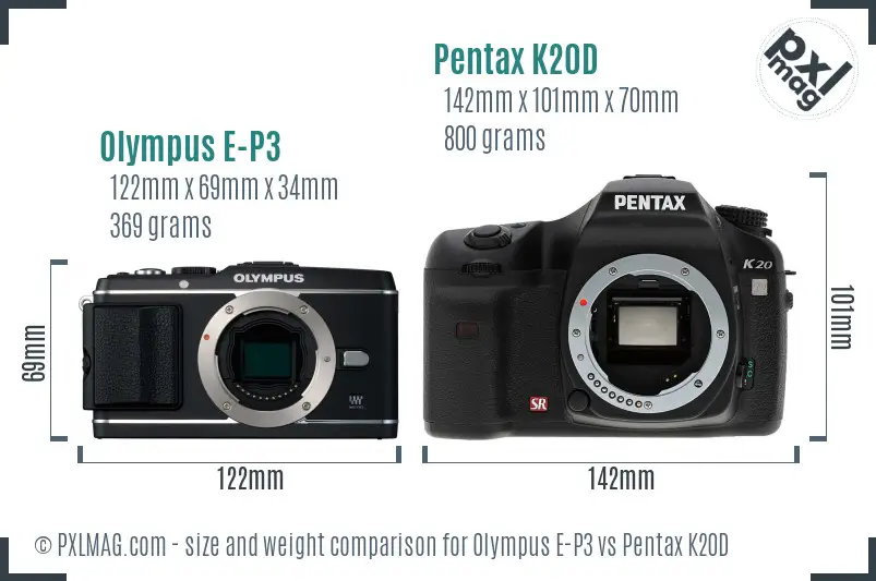 Olympus E-P3 vs Pentax K20D size comparison