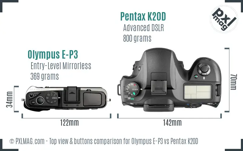 Olympus E-P3 vs Pentax K20D top view buttons comparison