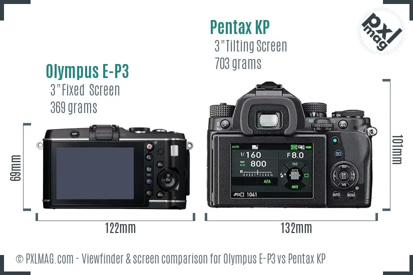 Olympus E-P3 vs Pentax KP Screen and Viewfinder comparison
