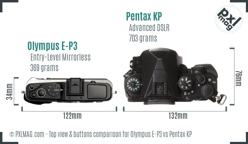 Olympus E-P3 vs Pentax KP top view buttons comparison