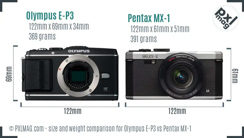 Olympus E-P3 vs Pentax MX-1 size comparison