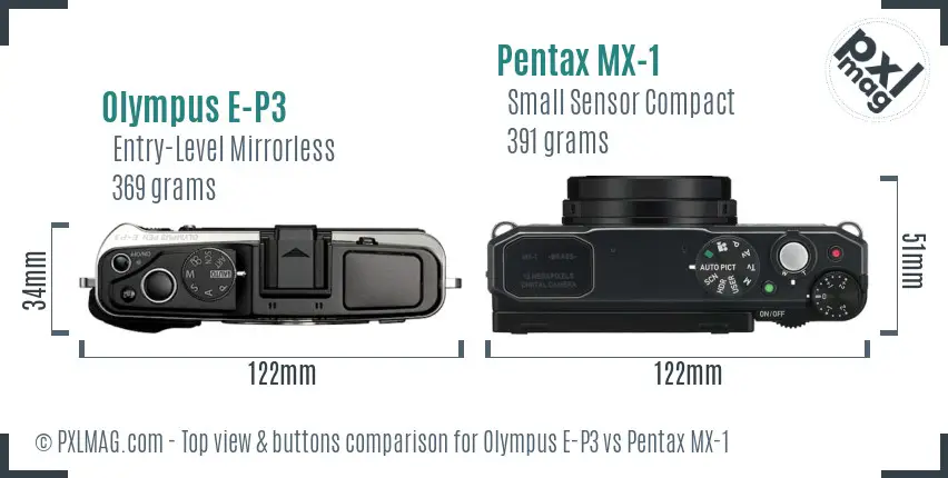 Olympus E-P3 vs Pentax MX-1 top view buttons comparison