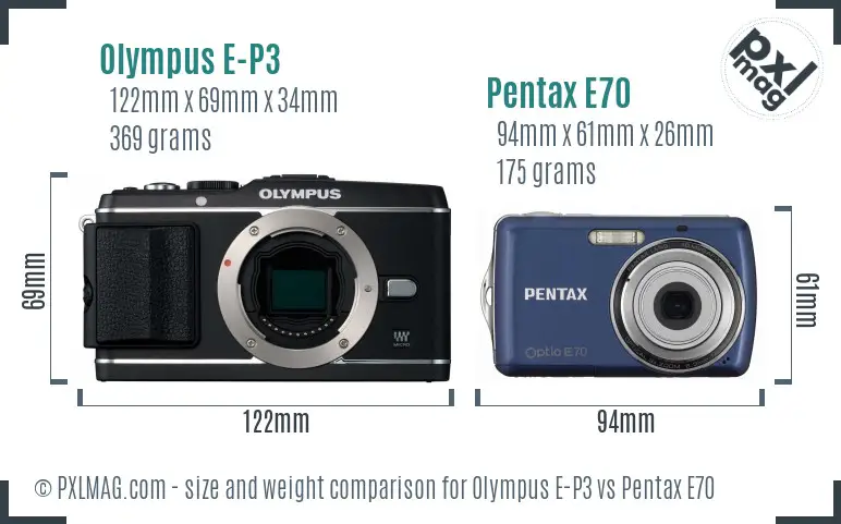 Olympus E-P3 vs Pentax E70 size comparison