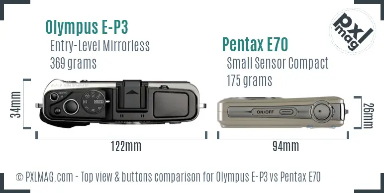 Olympus E-P3 vs Pentax E70 top view buttons comparison