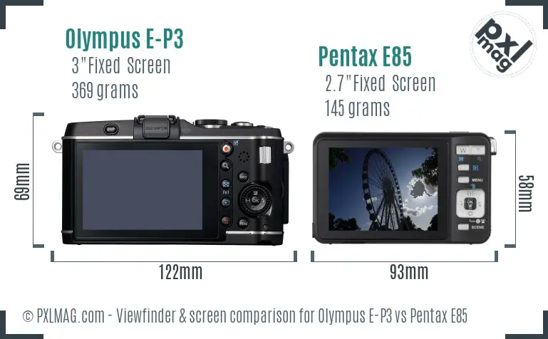Olympus E-P3 vs Pentax E85 Screen and Viewfinder comparison
