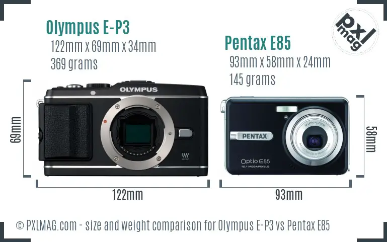 Olympus E-P3 vs Pentax E85 size comparison