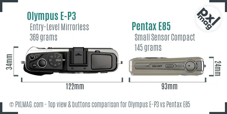 Olympus E-P3 vs Pentax E85 top view buttons comparison
