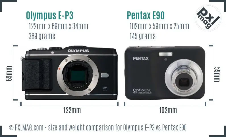 Olympus E-P3 vs Pentax E90 size comparison