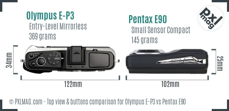 Olympus E-P3 vs Pentax E90 top view buttons comparison