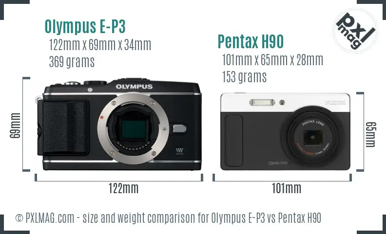 Olympus E-P3 vs Pentax H90 size comparison