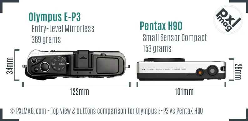Olympus E-P3 vs Pentax H90 top view buttons comparison