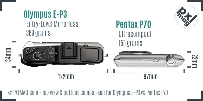 Olympus E-P3 vs Pentax P70 top view buttons comparison