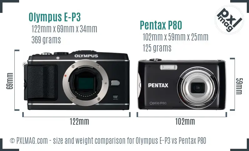 Olympus E-P3 vs Pentax P80 size comparison