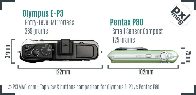 Olympus E-P3 vs Pentax P80 top view buttons comparison