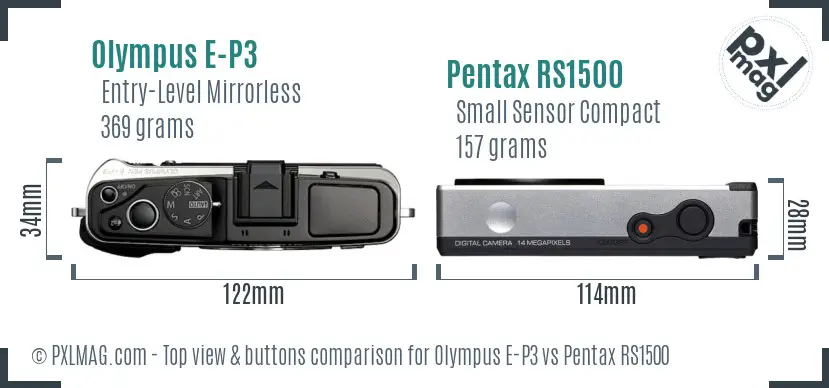Olympus E-P3 vs Pentax RS1500 top view buttons comparison
