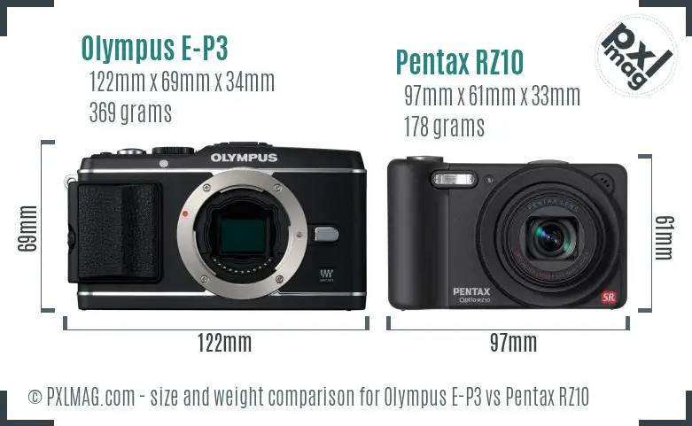 Olympus E-P3 vs Pentax RZ10 size comparison