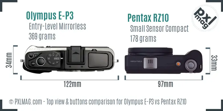 Olympus E-P3 vs Pentax RZ10 top view buttons comparison