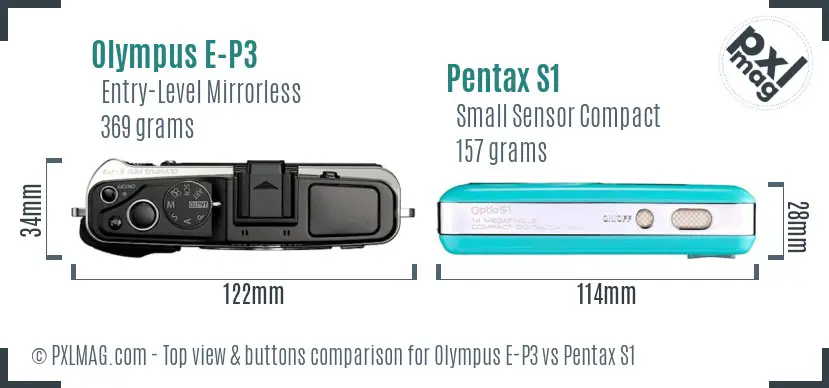 Olympus E-P3 vs Pentax S1 top view buttons comparison